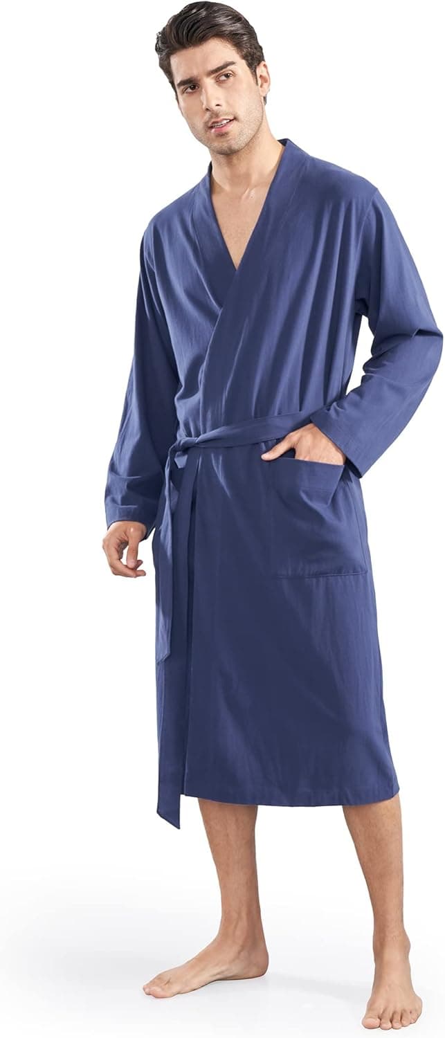 DAVID ARCHY Men's Cotton Robe Lightweight Kimono Bathrobe with Pockets Mens Summer Knit Robes