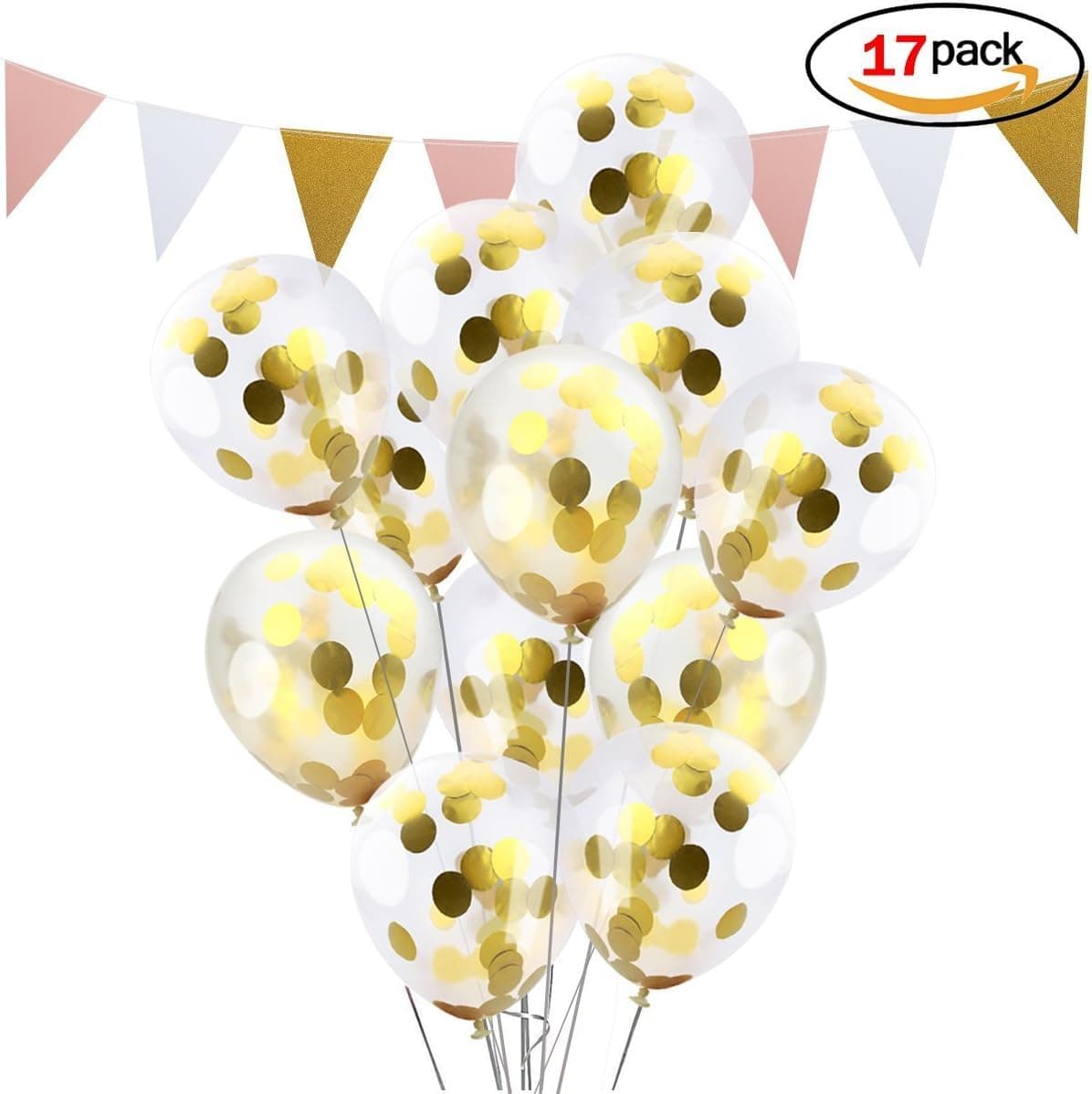 Gold Balloons with Confetti Dots 16 Pcs and 1pc Triangle Flag Party Supplies for Wedding Birthday Proposal Festival Decoration