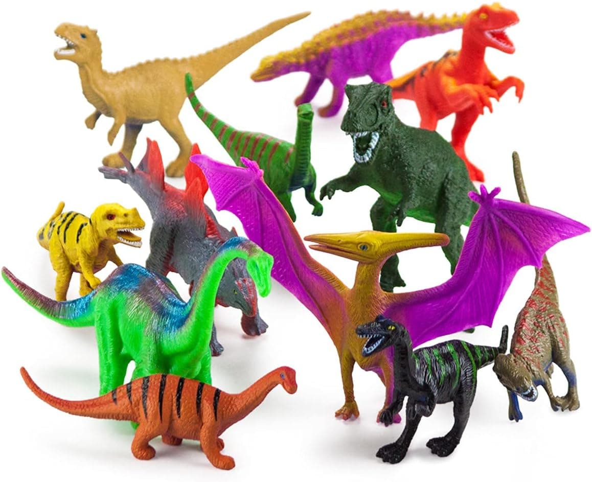 12 pc Dinosaur Play Set | Imagination Generation Toys | 4.5" Tall Colorful Plastic Toy Dinosaurs | Includes 7" Storage Drum