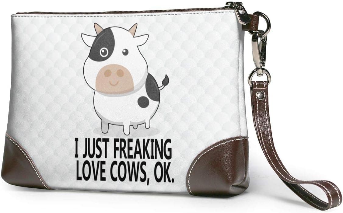 Women's Leather Makeup Bag, I Just Freaking Love Cows OK ! Portable Storage Bag Wallet Purse with Zipper Closure for Travel Cosmetics Make Up