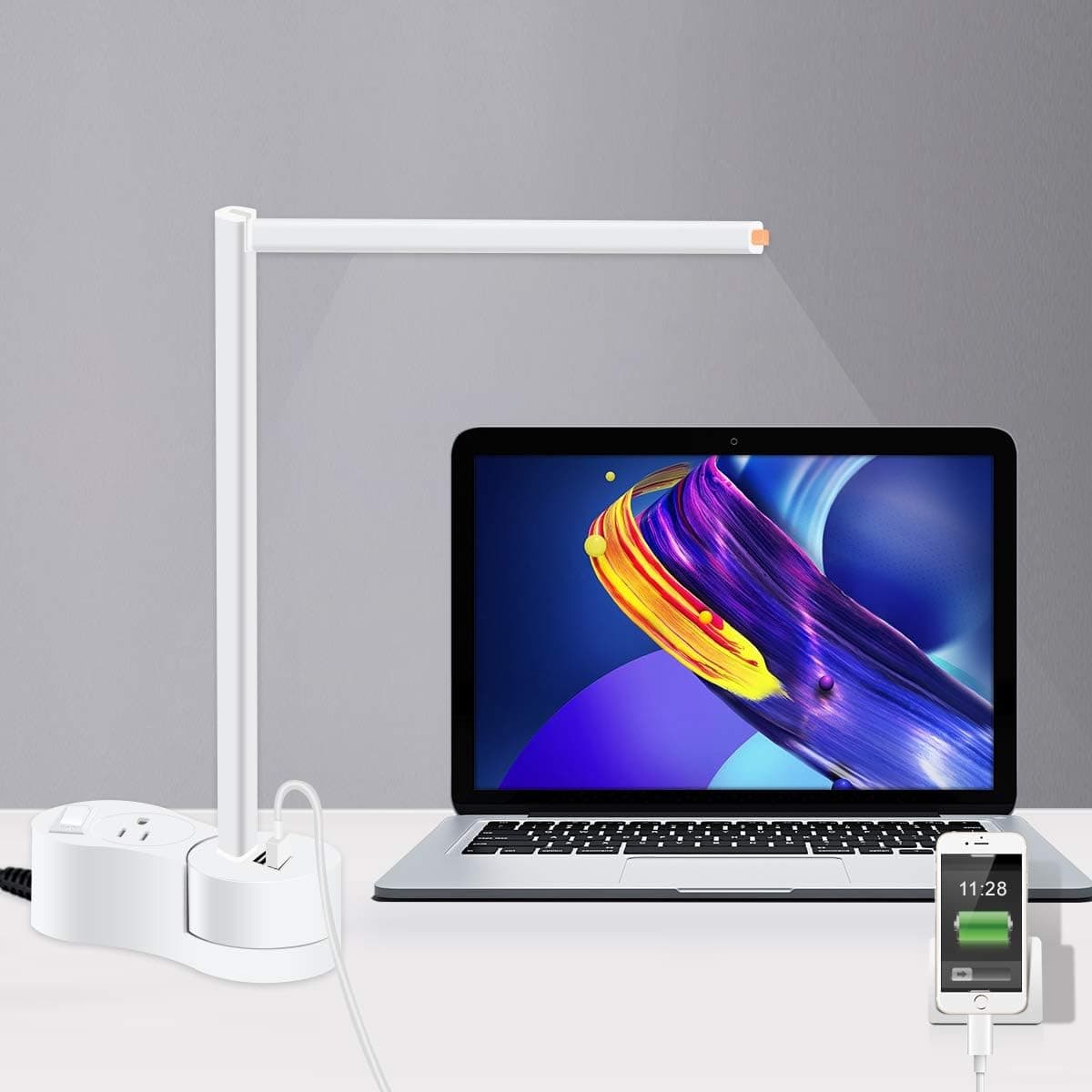 Rotatable 150 degreen LED Desk Lamp with Ten Safety Protections Power Outlet and USB Ports