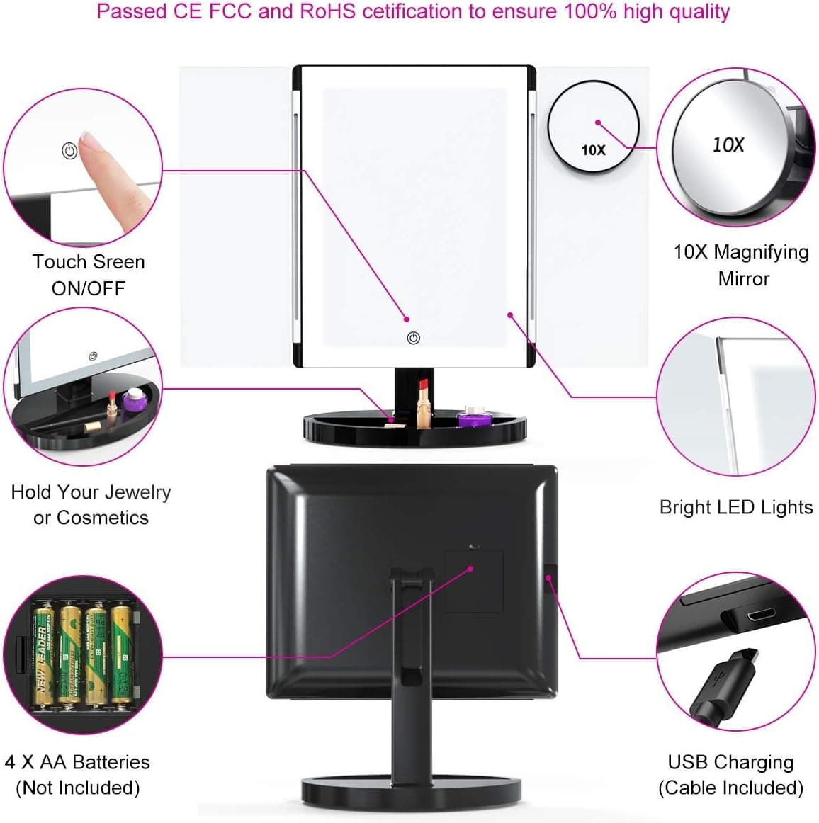 Large Makeup Mirror with Lights, Trifold Lighted Vanity Mirror (X-Large Model), Dimmable led Cosmetic Beauty Light Up Mirror Touch Screen, 360° Free Rotation, Double Power Supply Black