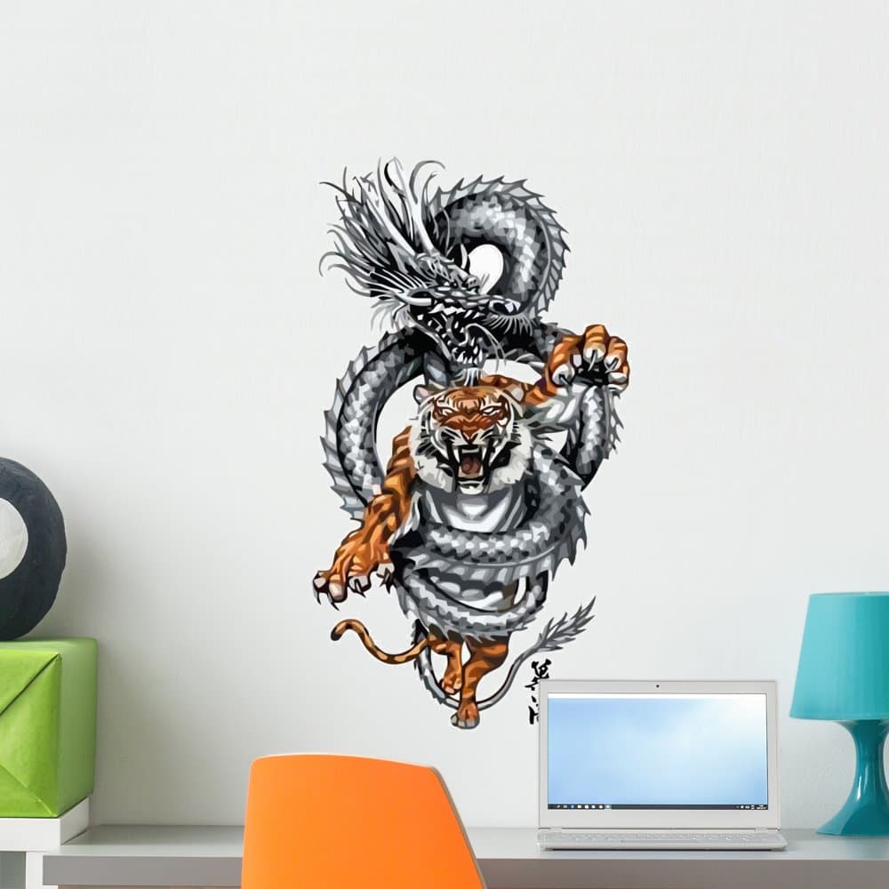 Wallmonkeys Dragon and Tiger Tattoo Wall Decal Peel and Stick Graphic (24 in H x 22 in W) WM213883
