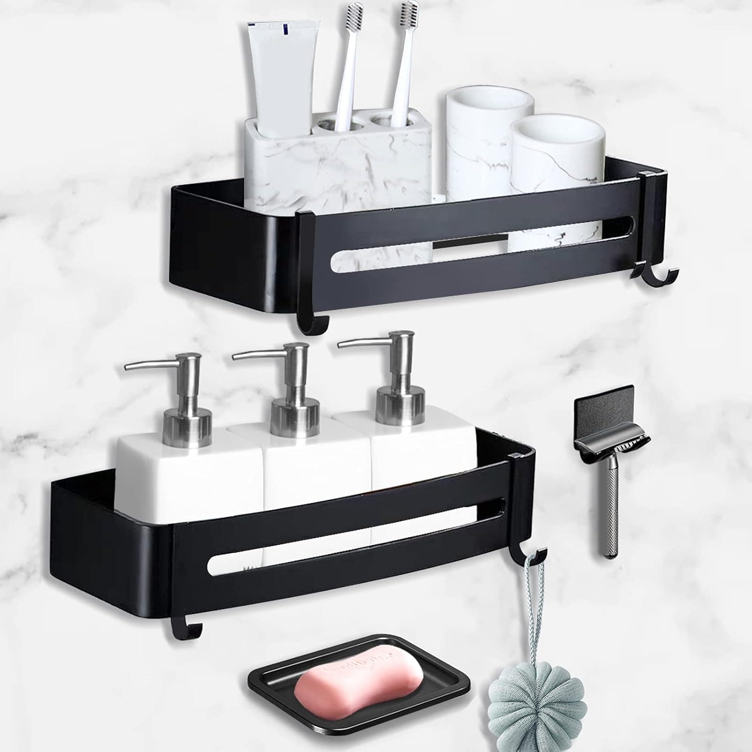 Geahod 2 Pack-Black Shower Caddy Bath Shelf with Hooks,Razor Holder Storage Rack and Soap Tray,Wall Mounted Stainless Steel Shower Holder Organizer Basket Shelf for Shampoo, Towel Racks for Bathroom