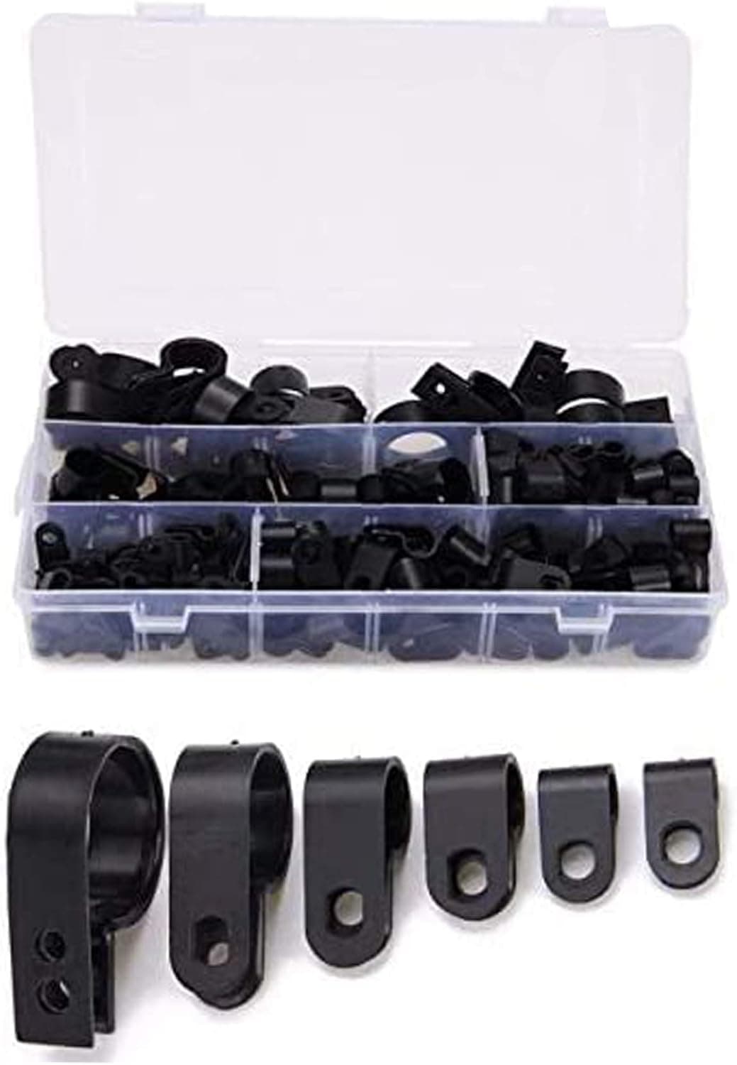 TIHOOD 200PCS Cable Clamp, Black Nylon Screws Plastic R-Type Cable Clamp Clips Fasteners Assortment for Cable Conduit 6 Sizes 5mm to 25mm