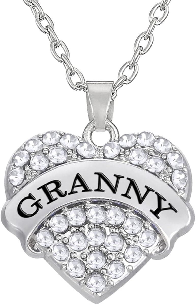 Kebaner Granny Pendant Necklace Family Love Heart Jewelry Gifts for Women Silver Crystal