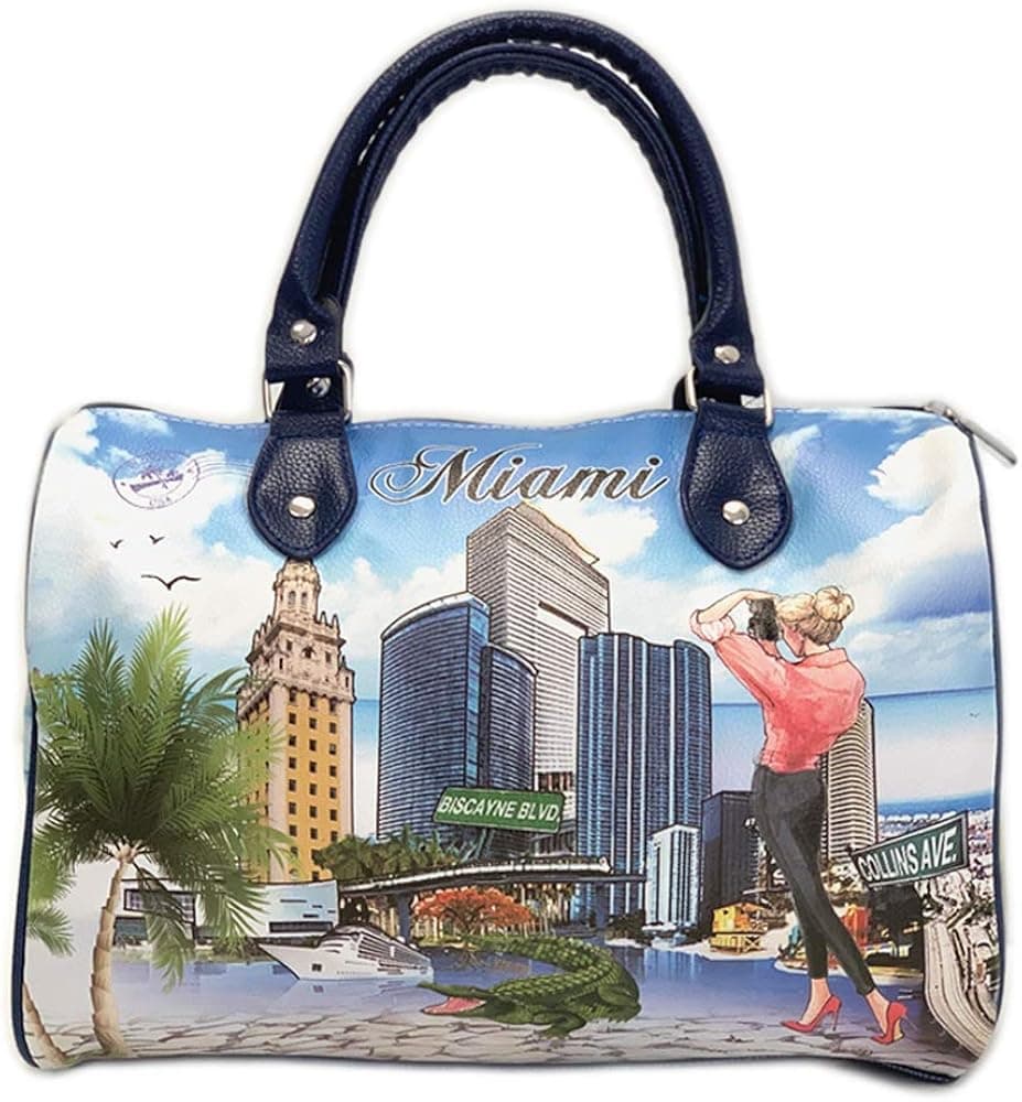 OH Fashion Women Handbag Satchel Bag CAPTURING MIAMI PU Leather Barrel Handbag Shoulder Bag Tote Purse Cities Design Travel Bag All Around the World Collection