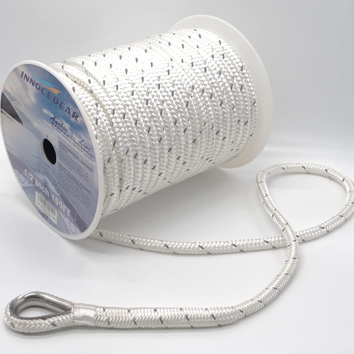 INNOCEDEAR Double Braided Nylon Anchor Rope(White Reflective, 3/8" x 100',1/2" 150') Anchor Line/Boat Anchor Rope with Stainless Steel Thimble, Quality Marine Rope, Boat Accessories…