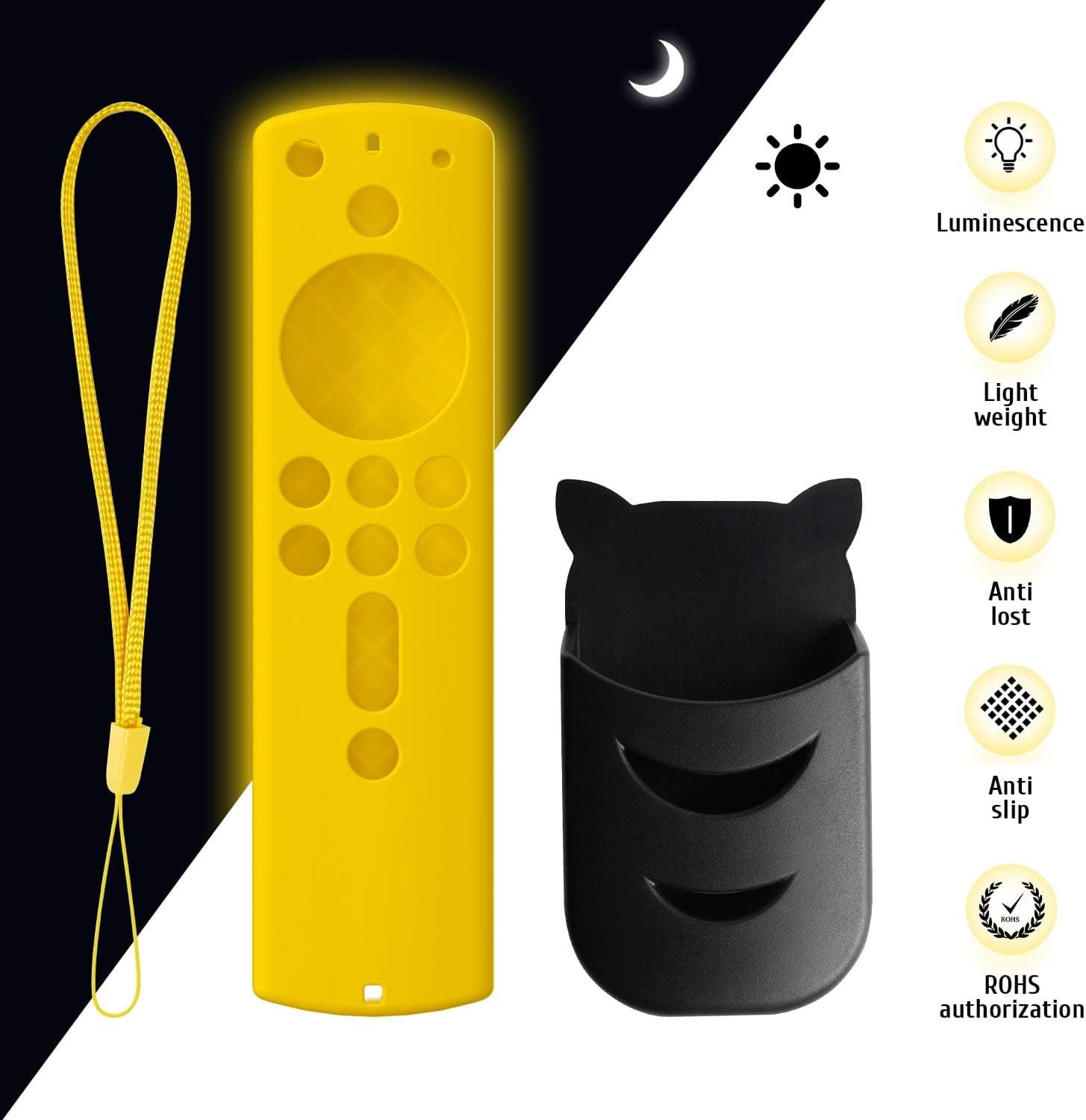 Set Yellow Glow Remote Cover and Remote Holder, Silicone Remote Cover for Fire TV Stick 4K / Fire TV Cube/Fire TV (3rd Gen), for 2nd Gen Alexa Voice Remote Control Remote Case and Wrist Strap