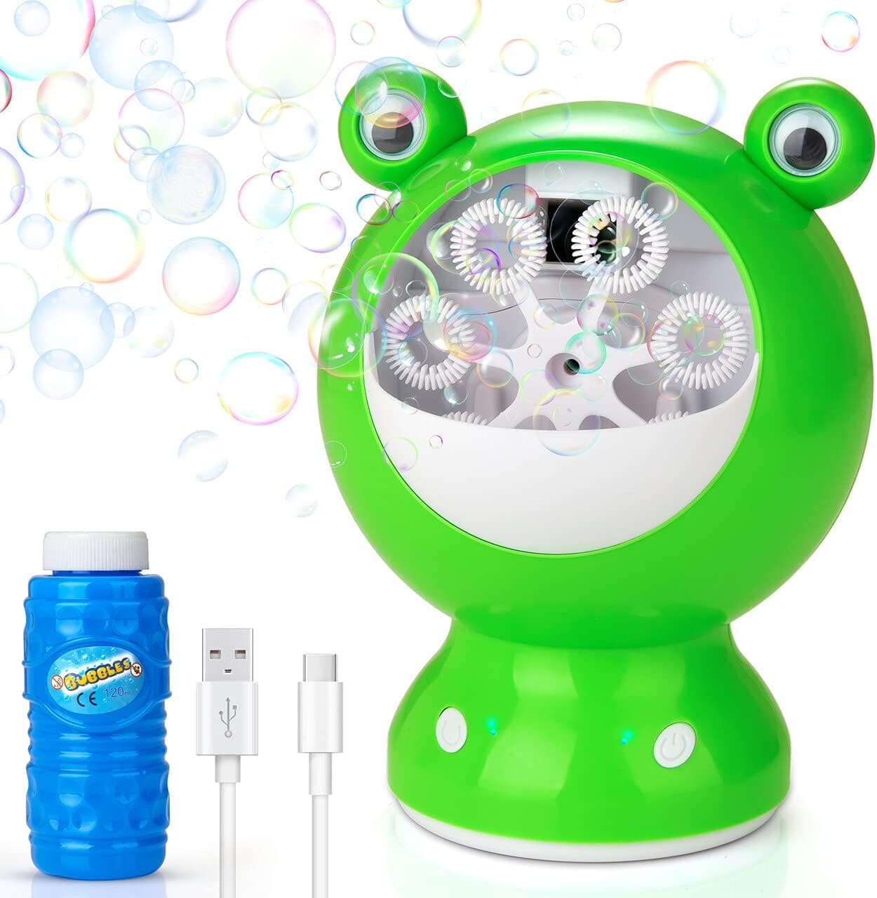 KIDWILL Automatic Bubble Machine for Kids, Portable Toddler Bubble Maker with Bubble Solution, Powered by Plug-in or Battery, Bubble Blower for Indoor Outdoor Birthday Party (Frog)