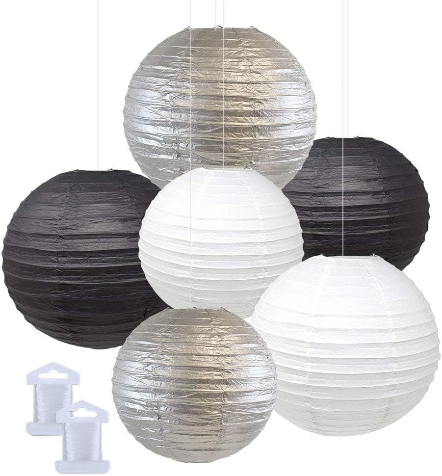Just Artifacts 6pcs Assorted Size Decorative Round Hanging Paper Lanterns (Color: Black, White, & Silver)