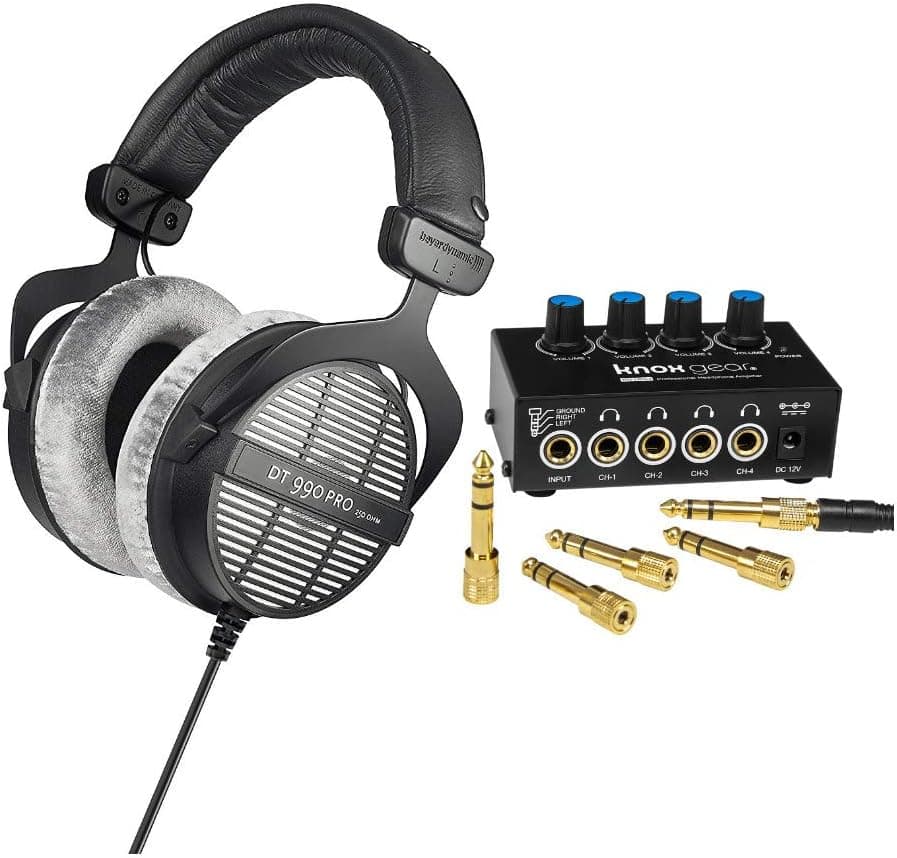 beyerdynamic DT-990 Pro Acoustically Open Headphones (250 Ohms) and Knox Gear Compact 4-Channel Stereo Headphone Amplifier Bundle (2 Items)
