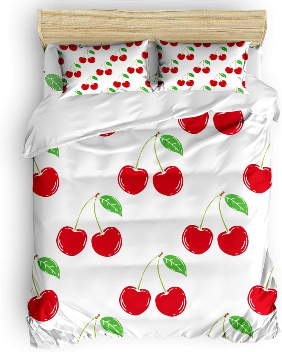 USOPHIA Queen Size, 4 Pieces Bed Sheets Set, Cherry Pattern Design Fresh Berry Fruit 3D Print Floral Duvet Cover Set