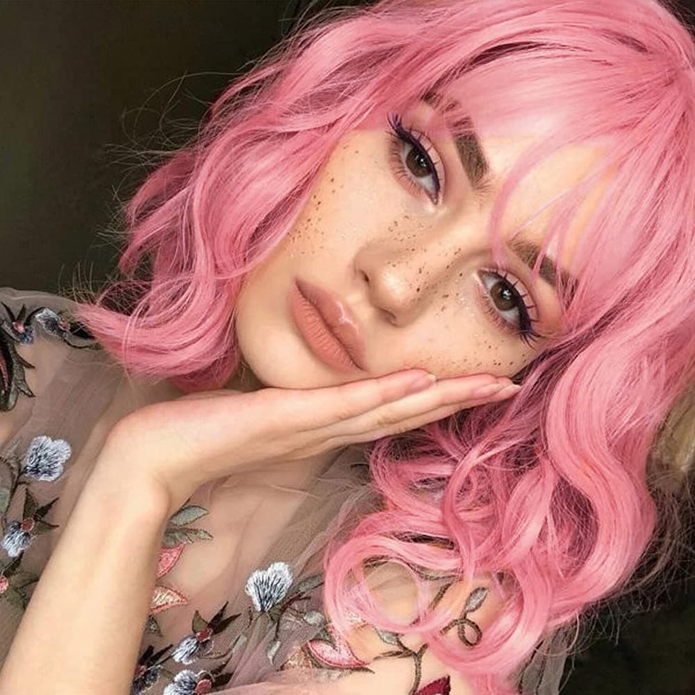 HairMujer Short Bob Wig with Bangs Wavy Shoulder Length Wig for Women Synthetic Wig Daily Use(Pink)