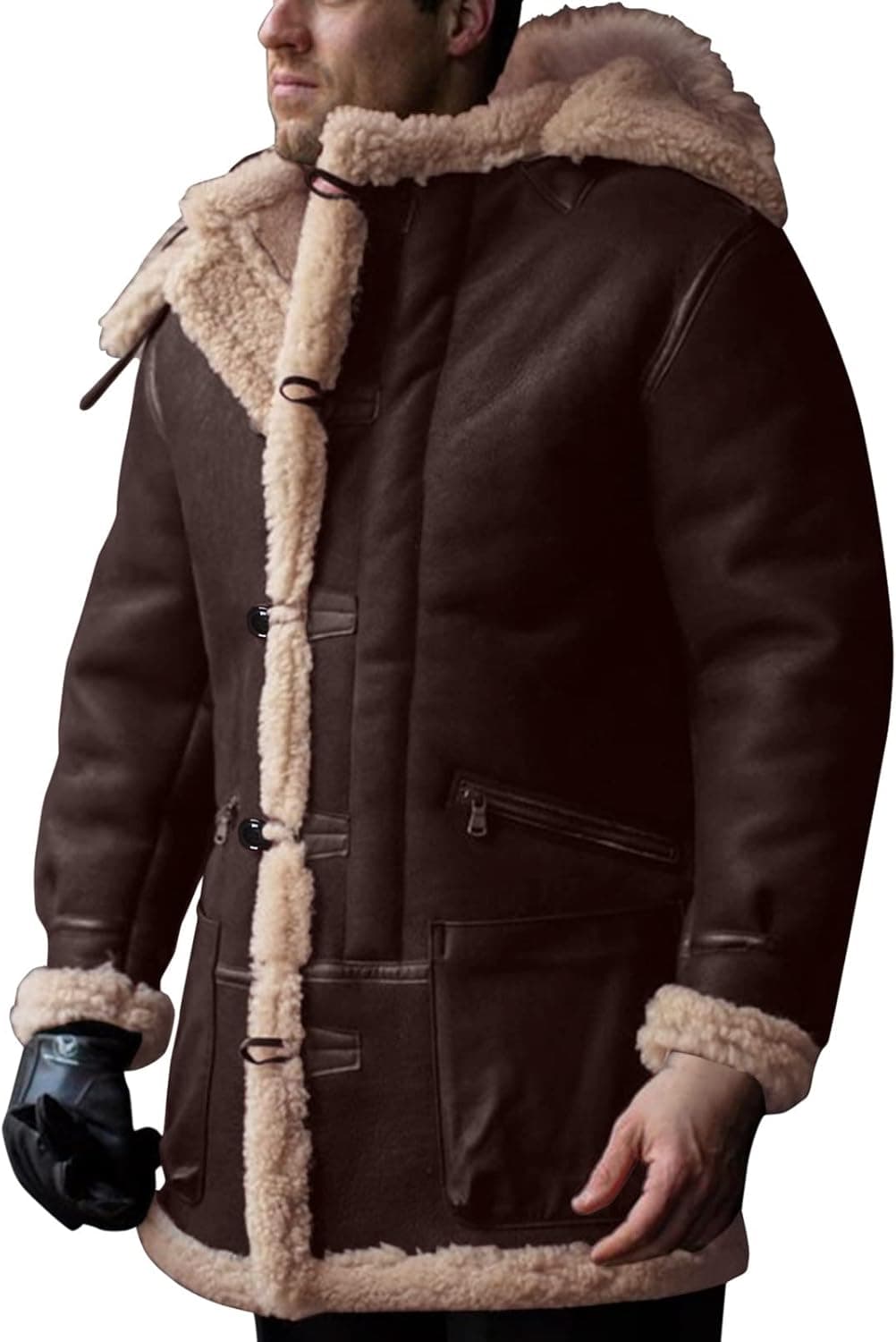 Men Plus Size Hooded Winter Button Coat Lapel Collar Long Sleeve Padded Leather Jacket Vintage Thicken Coat Sheepskin