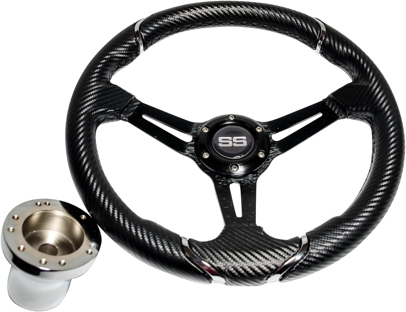 Huskey Rally Style Carbon Fiber Steering Wheel for EZGO/TXT/RXV with 13 Inch Diameter & UV Coated PVC Material,Includes a 5/6 Hole Pattern Carbon Steel Hub Adapter with Chrome Finish