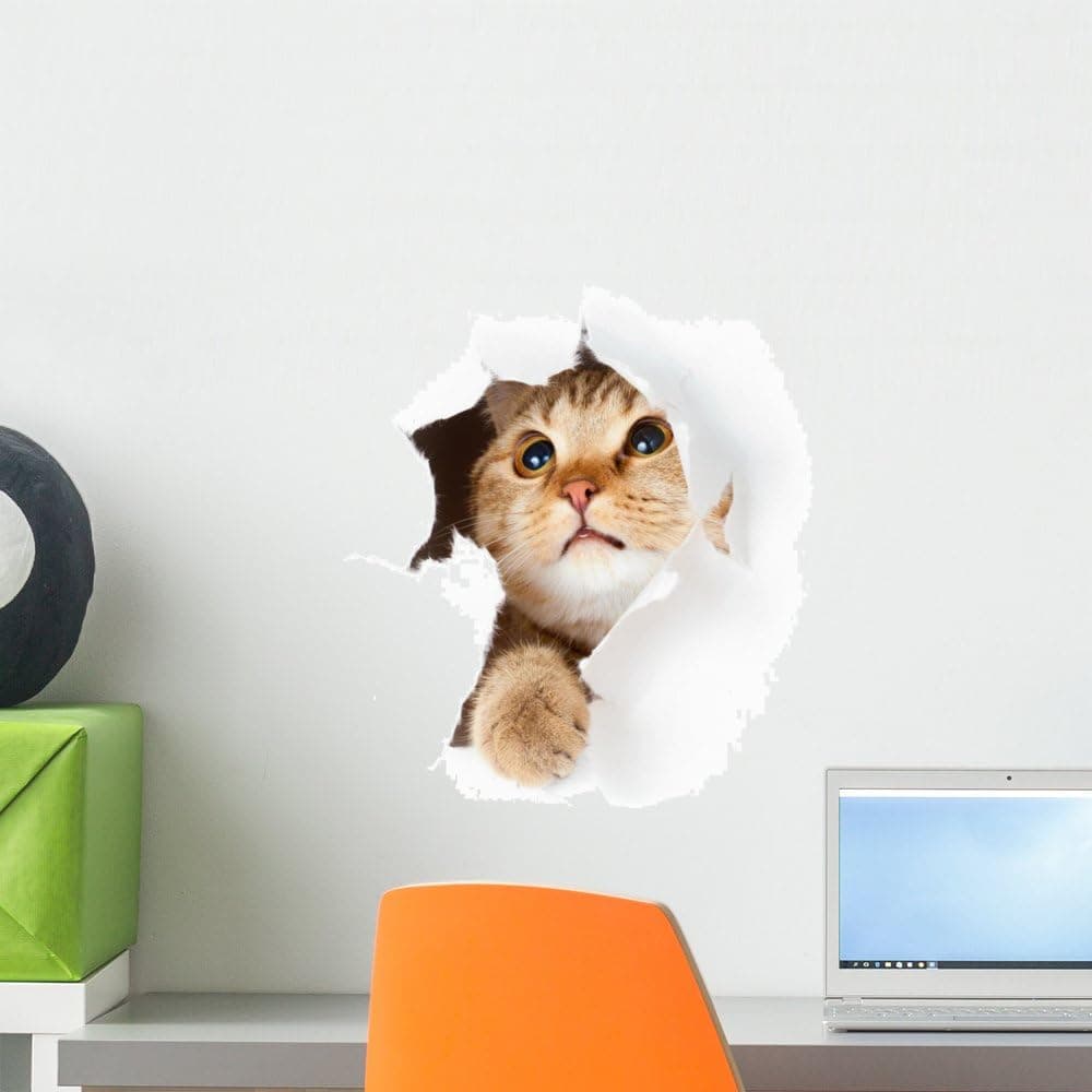 Wallmonkeys Cat in Paper Side Torn Hole Wall Decal Peel and Stick Graphic WM35129 (18 in H x 17 in W)