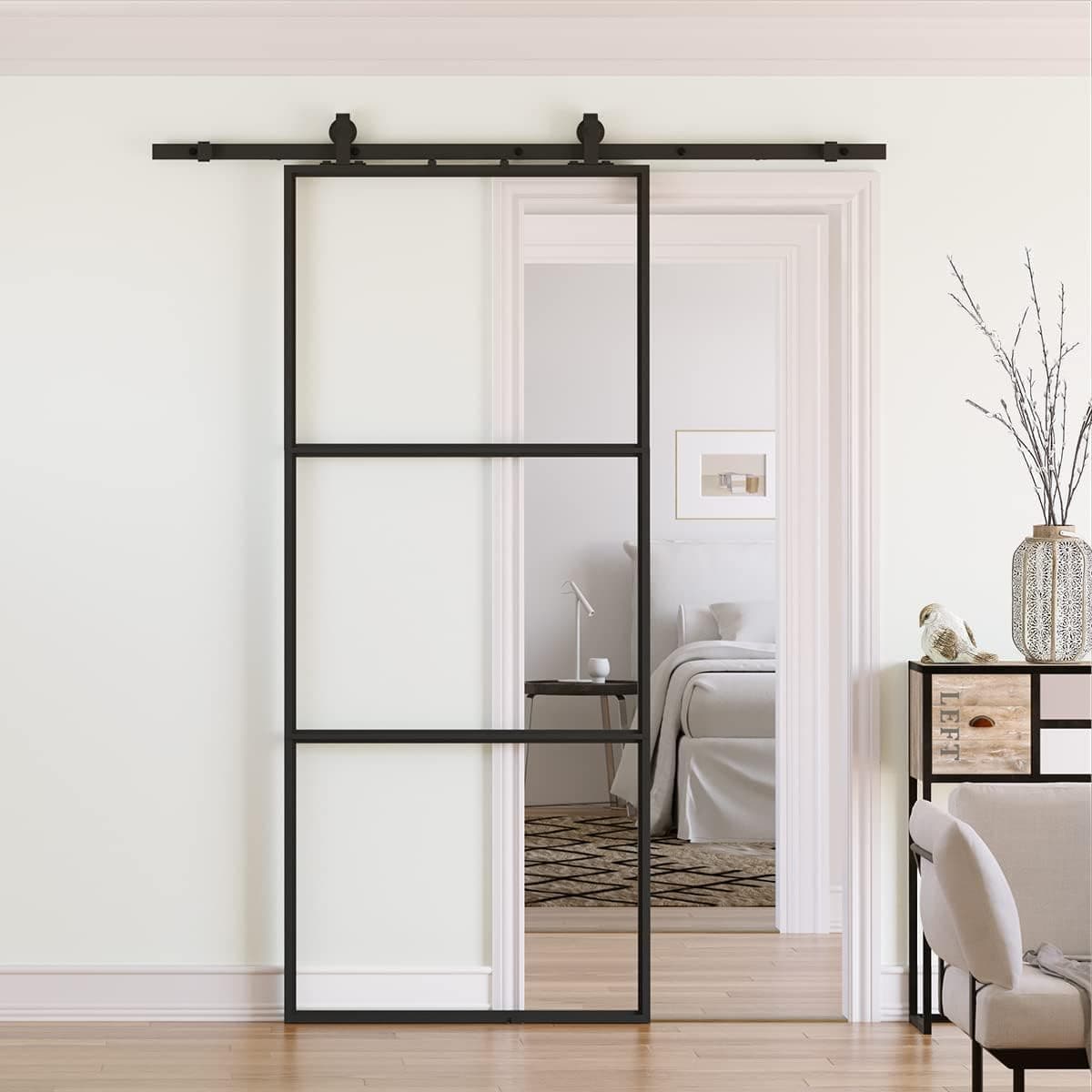 SMARTSTANDARD 36in x 84in Glass Sliding Barn Door with 6ft Top Mount Barn Door Hardware Kit & Soft Close Mechanism, Interior Clear Tempered Glass Carbon Steel Frame, Easy to Assemble