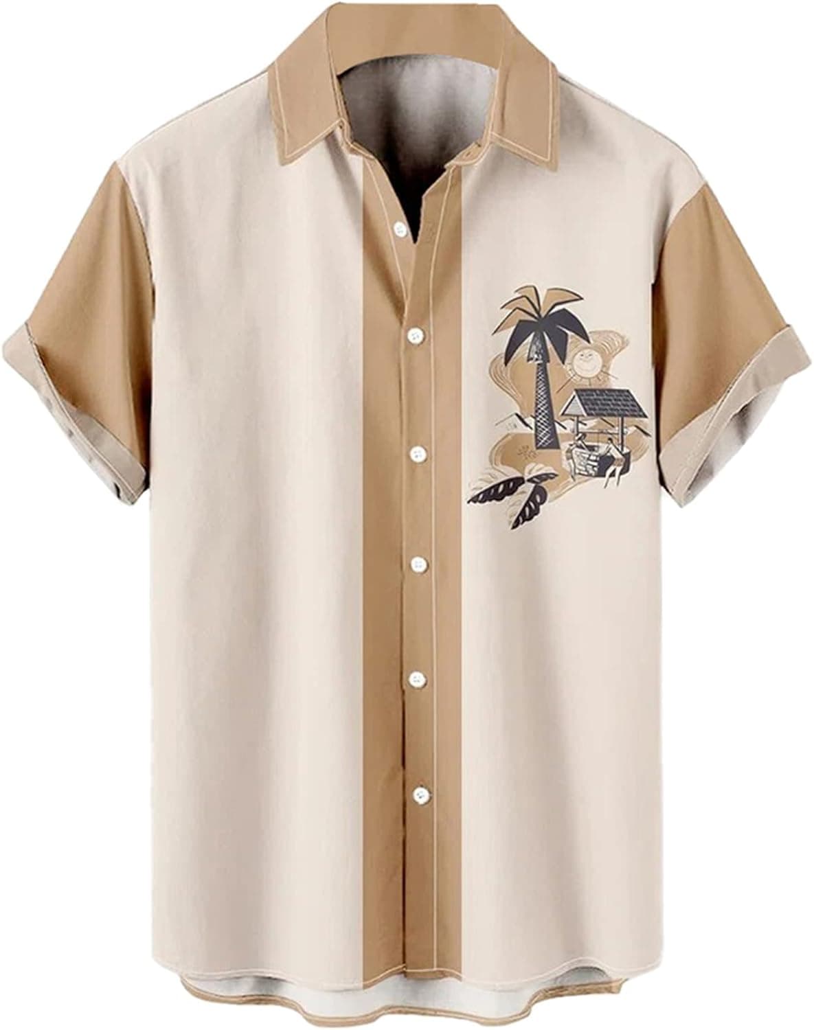 NOUKOW Mens Resort Hawaiian Shirts Button Down Short Sleeve Coconut Tree Print Bowling Shirt Beach Camp Casual Aloha Color Block-light Brown 3X-Large