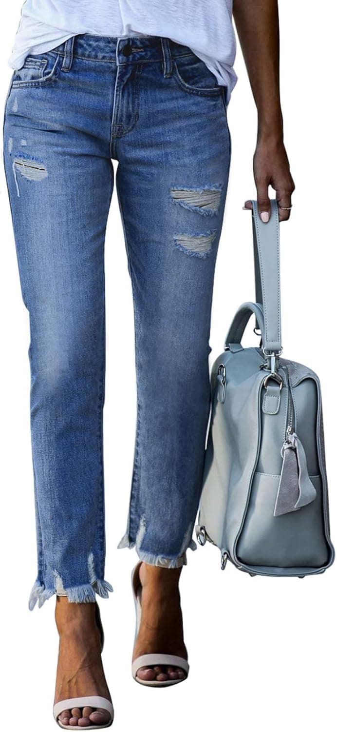 Sidefeel Women Distressed Raw Hem Washed Boyfriend Jeans Destroyed Straight Leg Denim Pants