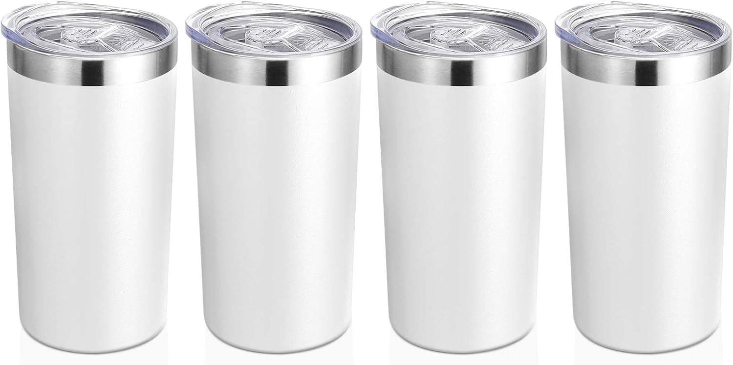 DOMICARE 12oz Tumbler with Lid, Stainless Steel Insulated Coffee Travel Mug, Skinny Tumbler Lowball, Double Wall Coffee Cup for Coffee, Tea and Beverages(4 Pack, White)