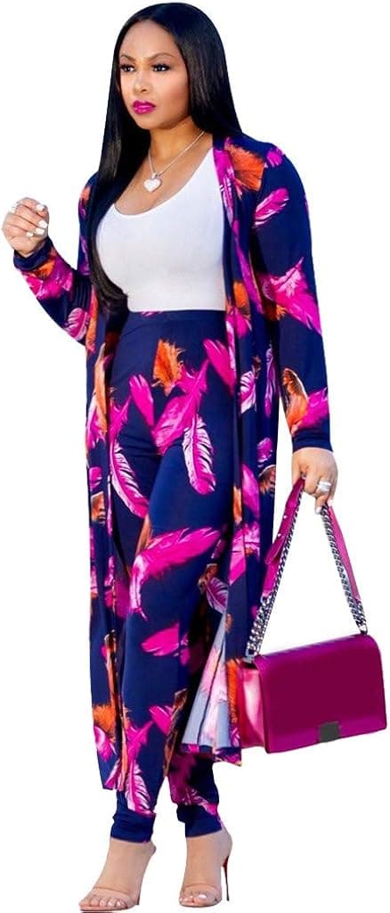 Women 2 Piece Outfits - Floral Print Long Sleeve Open Front Cardigan Cover Up Bodycon High Waisted Long Pants Set
