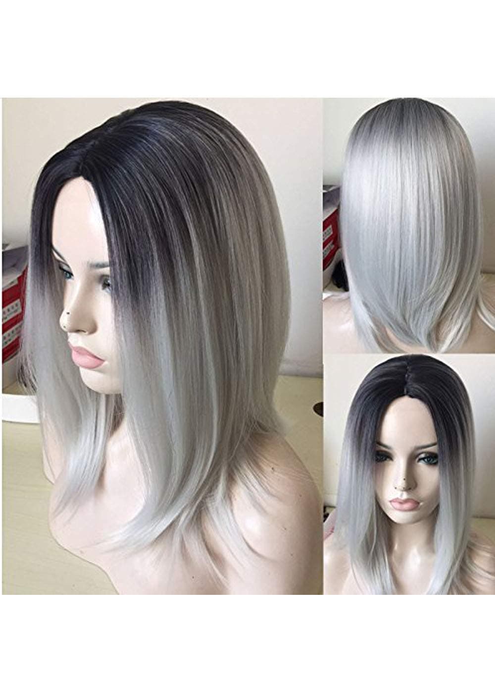 QianBaiHui Gray Bob Wigs for Women - Medium Straight Black Rooted Ombre Grey Wigs Heat Resistant Synthetic Hair Wigs (Black Ombre Silver) LDS028