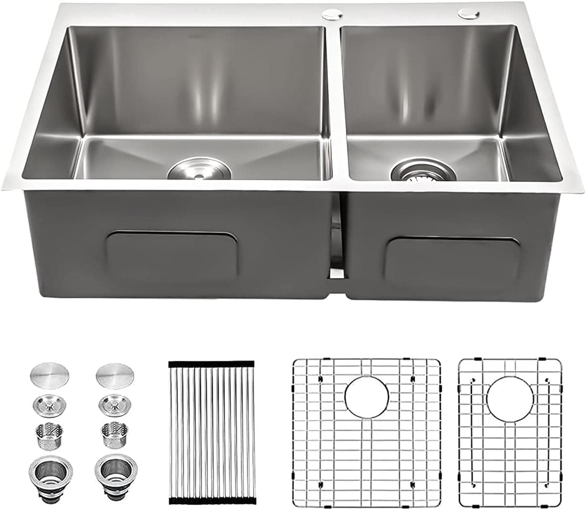 Double Bowl Kitchen Sink Drop In - Mocoloo 33 Inch Kitchen Sink Topmount Stainless Steel Sink 16 Gauge 10 Inch Deep Double Bowl 60/40 Sink Basin With Roller Up Rack Bottom Grid And Drain Assembly