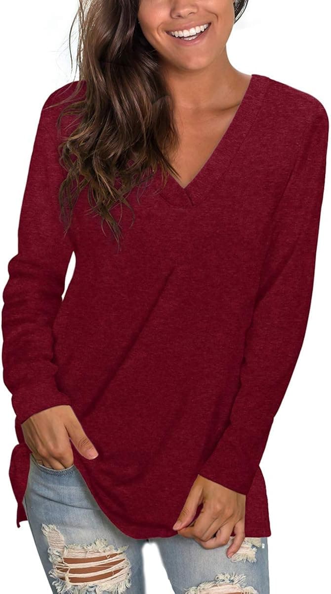 SAMPEEL Womens Long Sleeve Shirts Basic V Neck Tops and Blouse