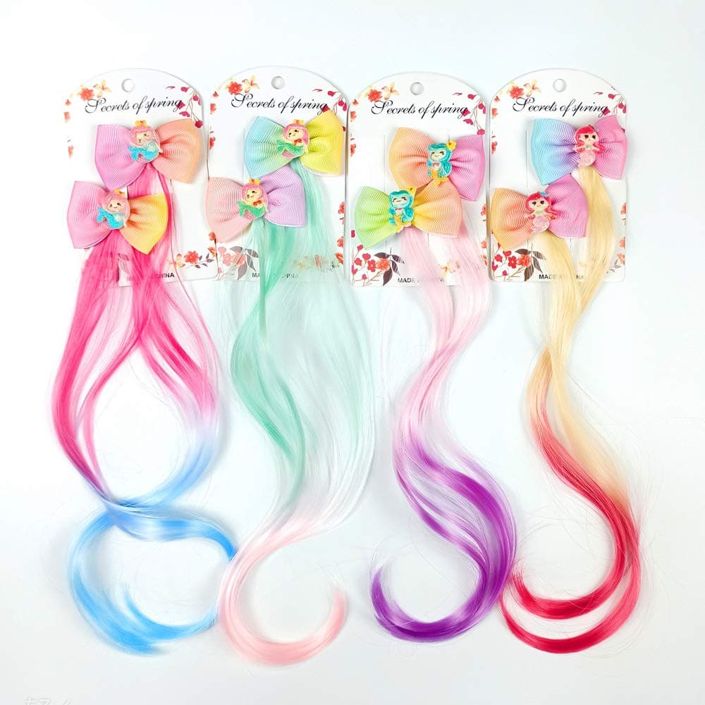 Bow Clips with Colorful Hair Extensions For Kids 8 Pcs Multi-Colors Curly Ponytails Hair Extensions Rainbow Colored Clip in Hairpieces (bow clips hair)