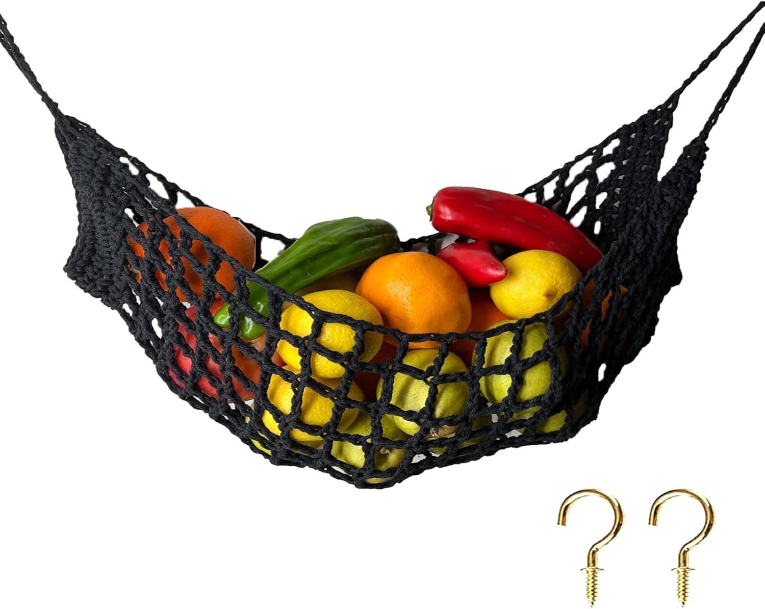 Large Macrame Fruit Hammock Under Cabinet,Veggie Banana Hammock Hanging Fruit Basket,Saves Counter Space for Kitchen Boat Rv Camper (black)