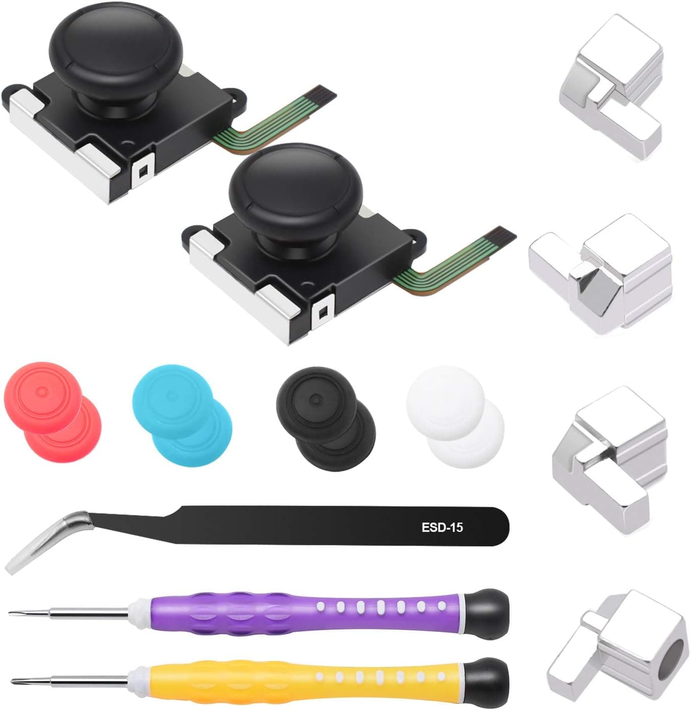 YUANHOT Joy-Con Repair Tool Kit for Nintendo Switch Joy-Cons Controller, Including 2pcs 3D Analog Joystick Thumb Sticks, Screwdrivers, Tweezer, 4 Metal Lock Buckles and 8 Thumbstick Caps (Black)