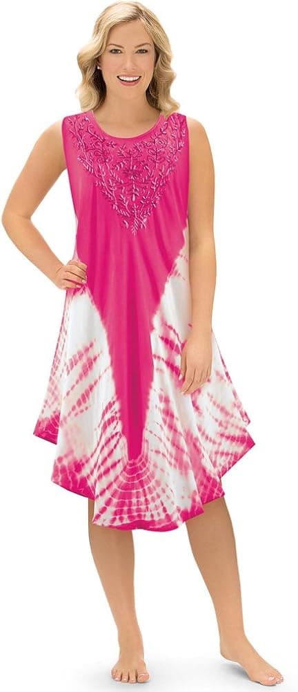 Collections Etc Woven Tie Dye Dress with Embroidery Scooped Neckline, Lightweight Beach Coverup