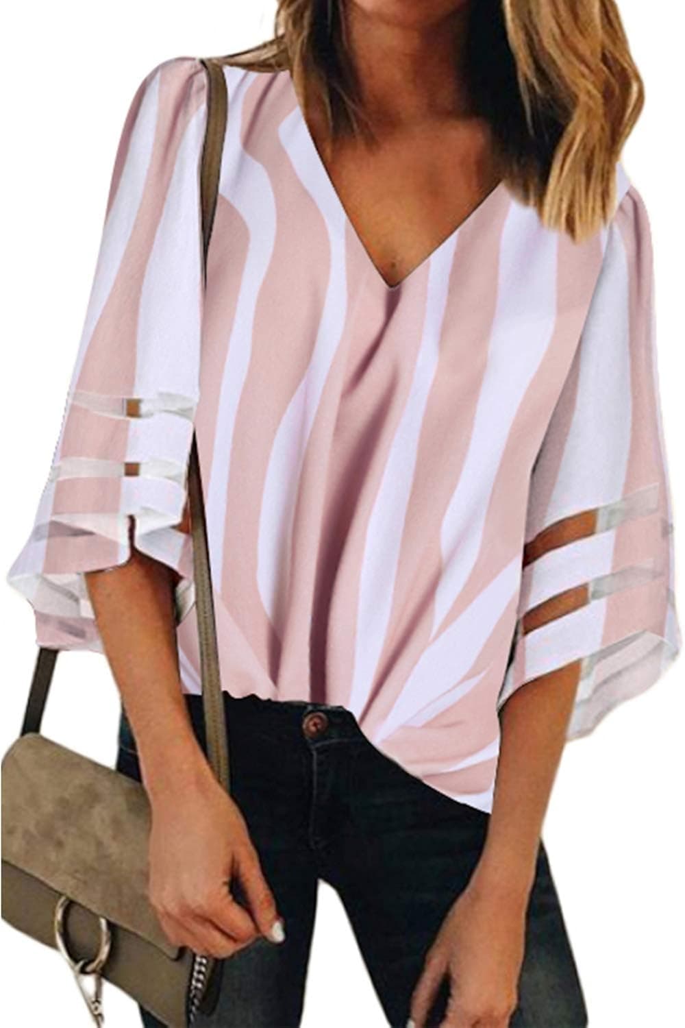 BLENCOT Women's Casual V Neck Striped 3/4 Bell Sleeve Blouse Loose Shirt Tops