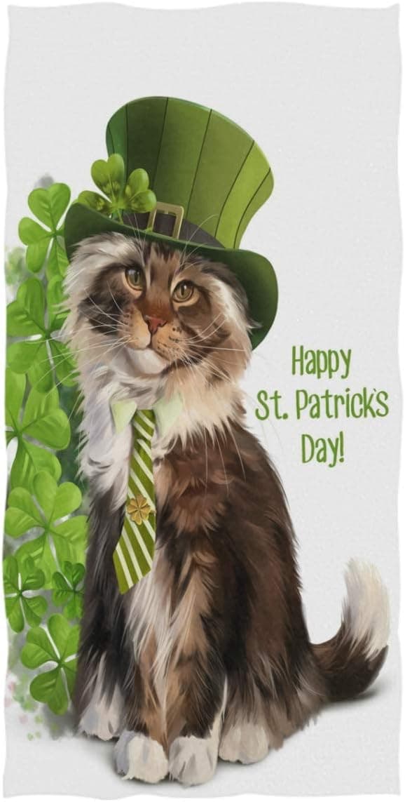 St. Patrick's Day Extra Large Hand Towels Cat Leprechaun Watercolor Clover Shamrock Bath Towel Ultra Soft Highly Absorbent Multipurpose Bathroom Towel for Hand,Face,Gym and Spa Holiday Decor,16x30IN
