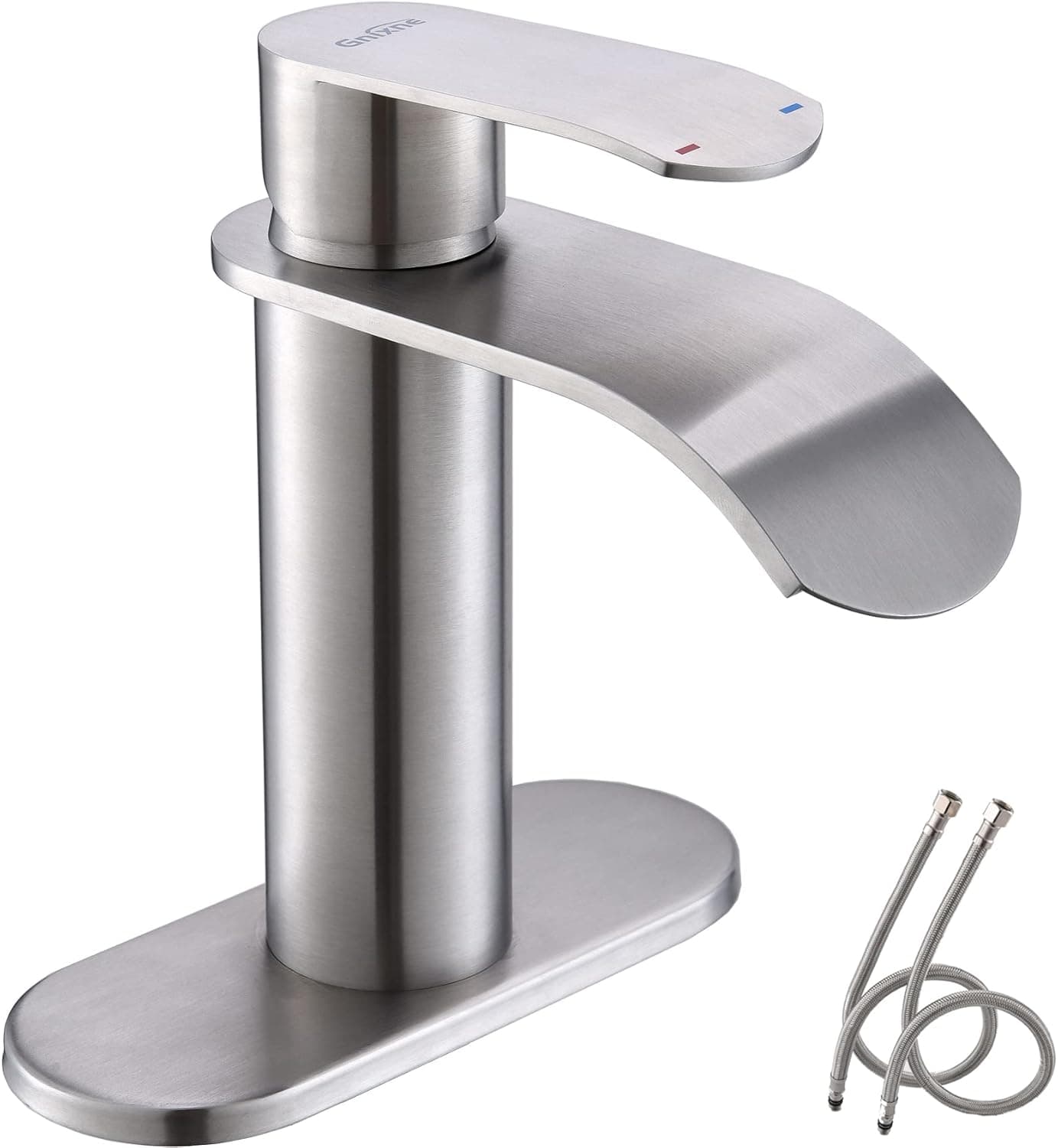Gnixne Bathroom Sink Faucet Waterfall Bathroom Faucet Brushed Nickel Bathroom Faucets Suitable for 1 or 3 Hole Faucet for Bathroom Sink with 4-Inch Deck Plate