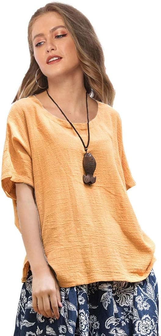 Soojun Women's Casual Loose Short Sleeve Round Collar Cotton Linen Shirt Blouse Tops