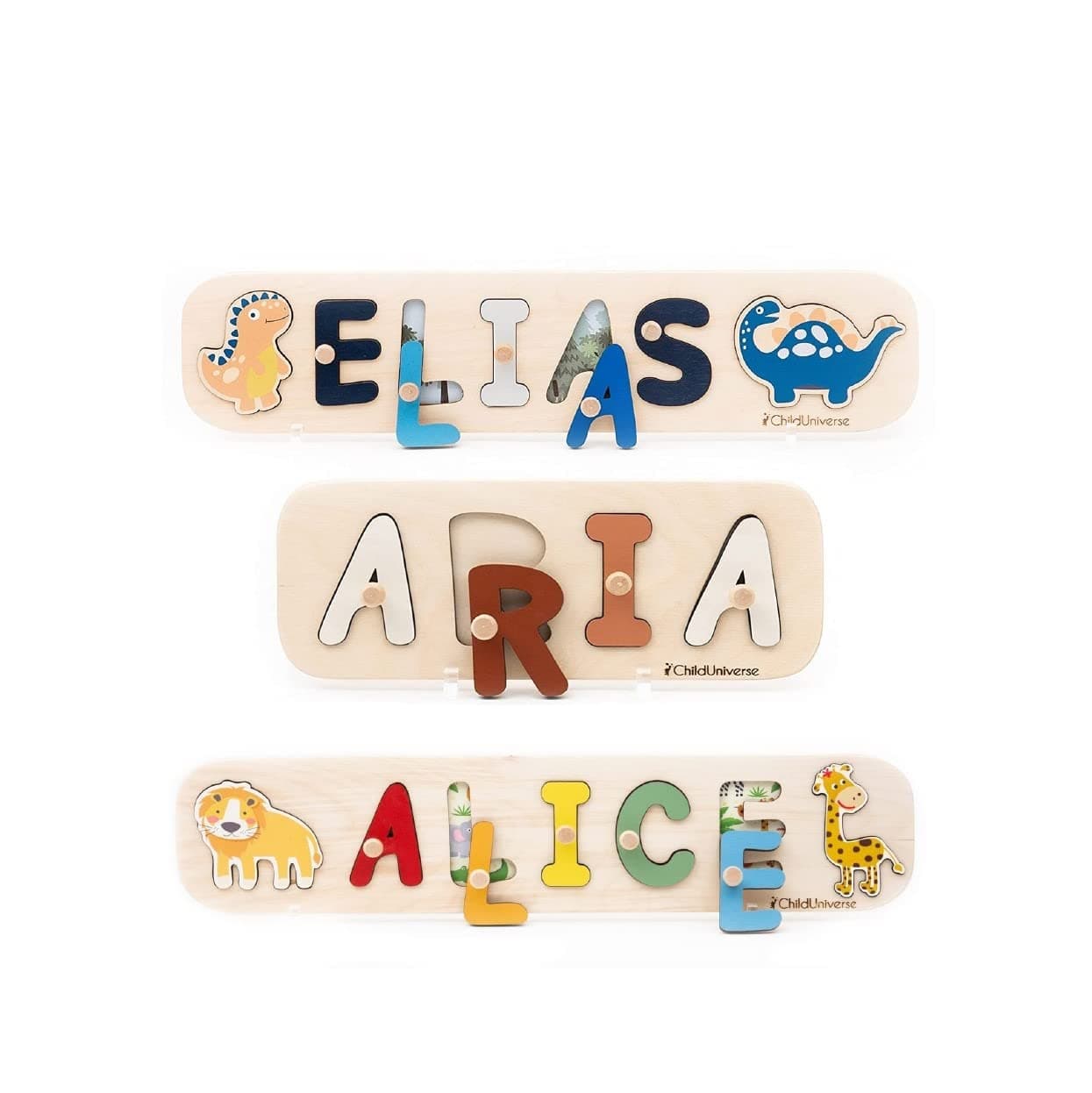 Baby Personalized Wood Name Puzzle With Custom Design - Toddler Name Puzzle For Girls & Boys - Montessori Toys Nursery Décor - Name Sign 1st Birthday Gift for Baby (Blue, Boy Dino)