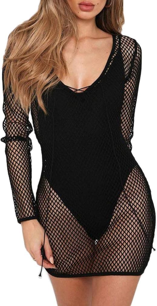 Summersum Women Sexy Cover Up for Swimwear Perspective Fishnet Long Sleeve Beach Dress Swimsuit Coverups