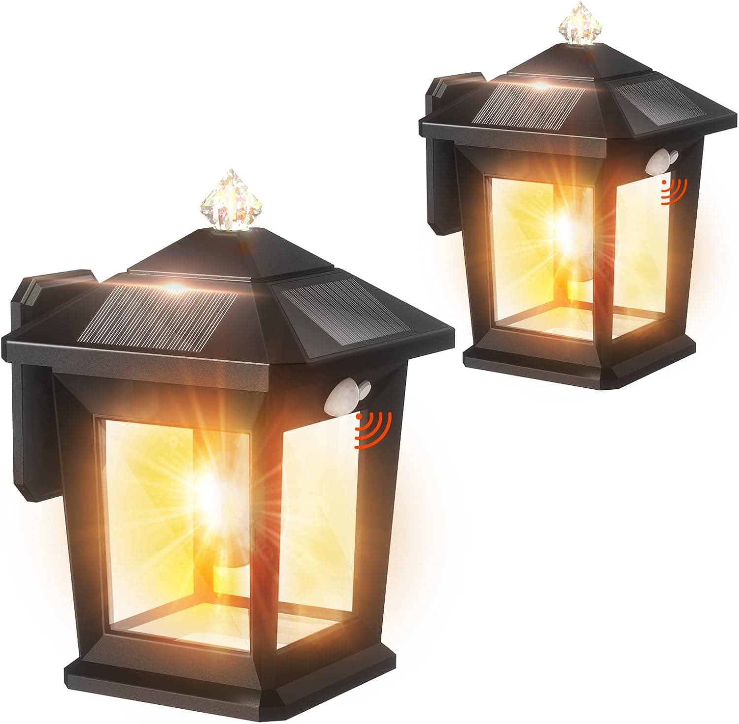 Flaow Solar Wall Lanterns Outdoor, [2 Pack/3 Modes] Wireless Dusk to Dawn Motion Sensor LED Sconce Lights, IP65 Waterproof Exterior Solar Powered Security Lights for Porch Patio Fence Garden Yard