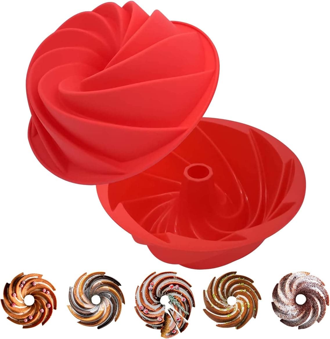 Wimgsanc 2PCs 9.5 Inch bunte Cake Pan, Silicone Fluted Para Gelatinas Cake Mold, Nonstick Cake Pan with Spiral Design for Cake Jello Bread Birthday Party - Red
