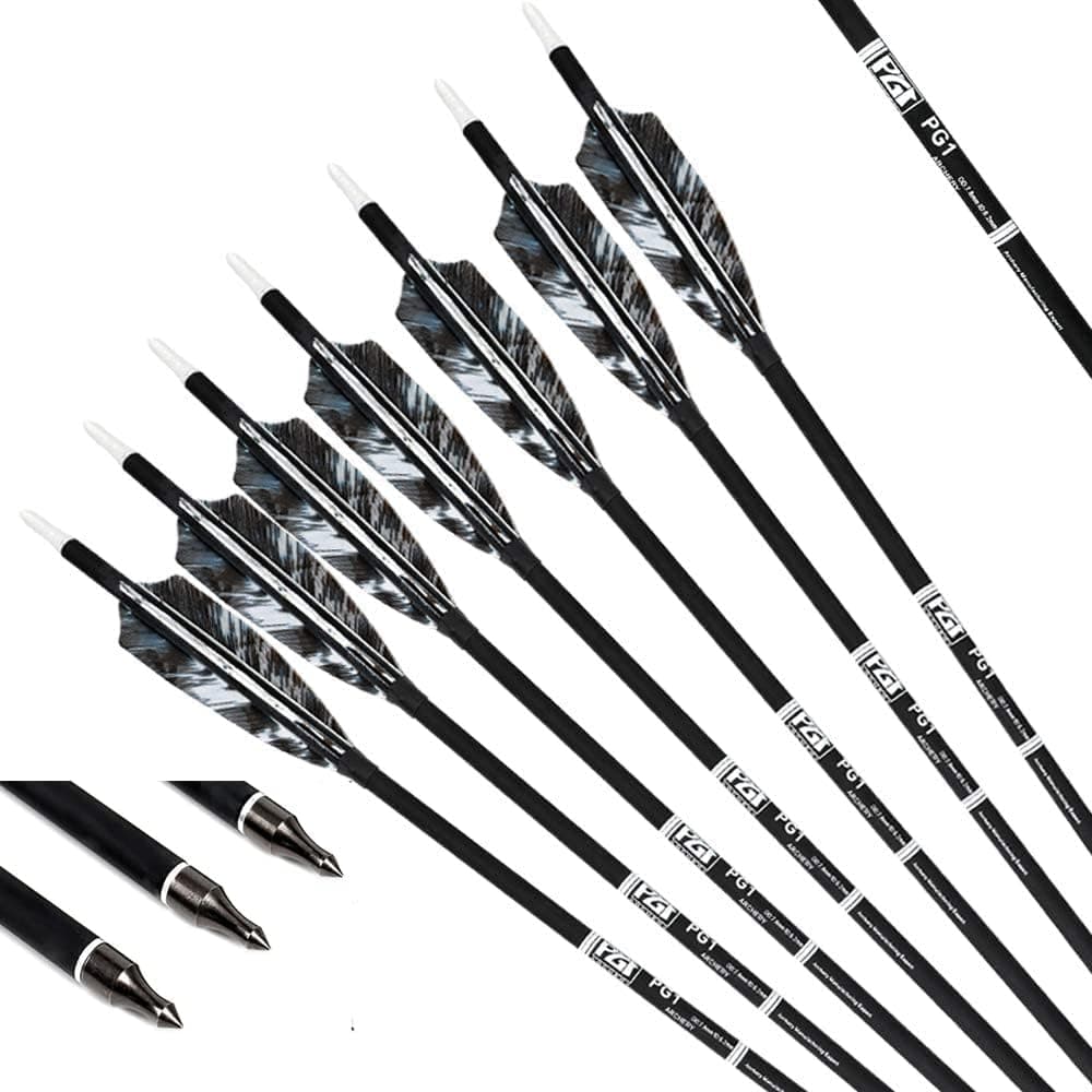 PG1ARCHERY 30 Inch Carbon Arrows with 4 Inch Shield Turkey Feathers Fletching & Removable Points Tips for Archery Hunting Practice Targeting, 6 Pack