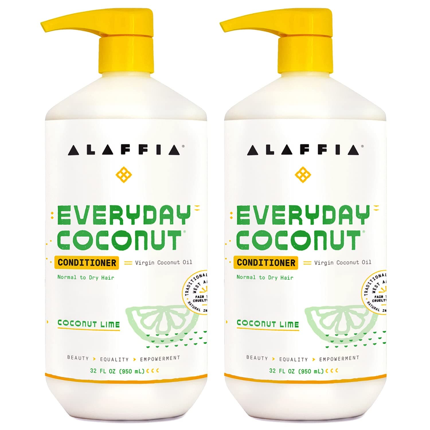 Alaffia Hair Care, Everyday Coconut Conditioner, Daily Moisturizer, Wavy & Curly Hair Products, Vitamin E, Virgin Coconut Oil, Ginger Extract, Coconut Lime, 32 Fl Oz (Pack of 2)