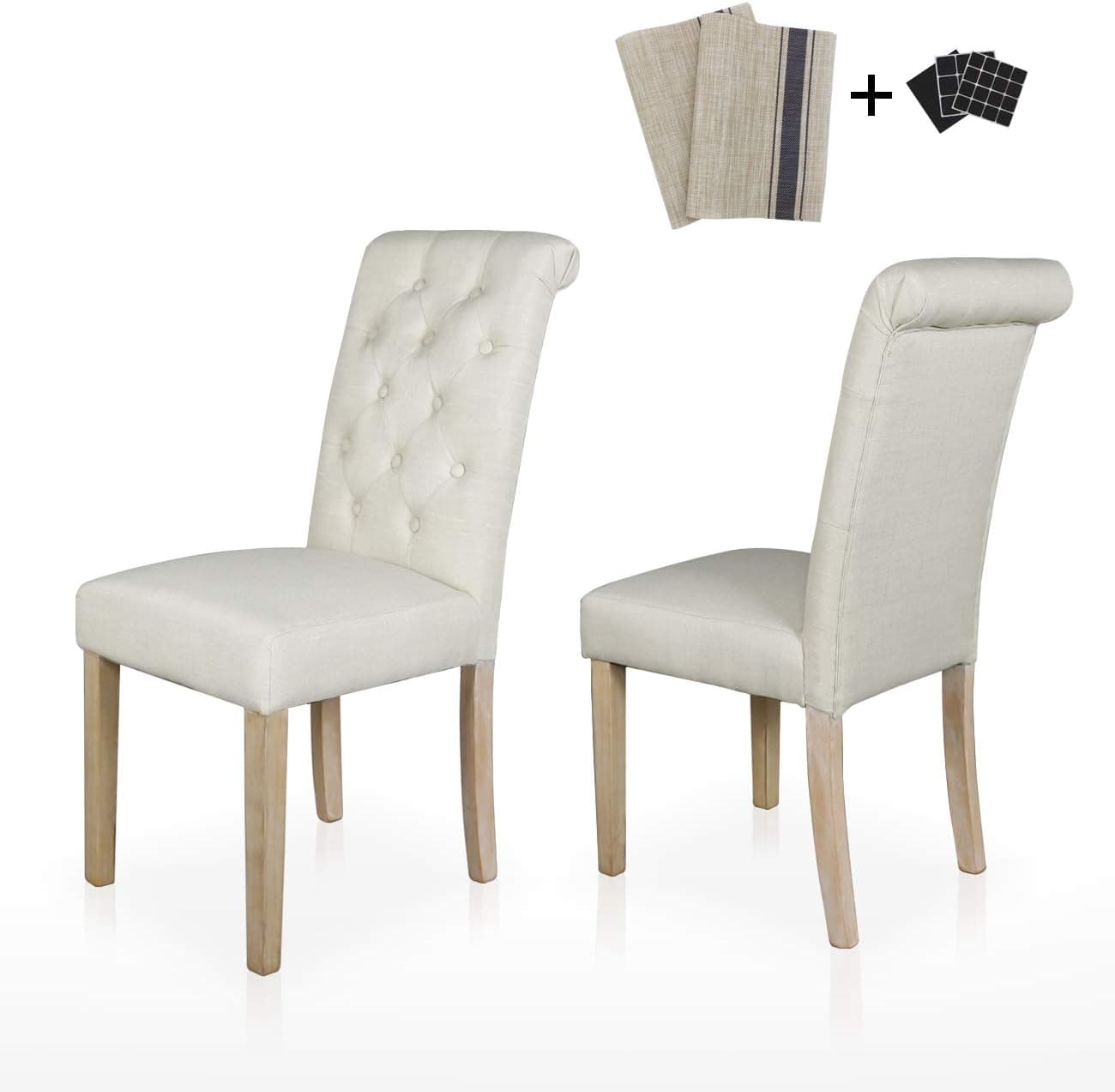 Dining Chairs Set of 2 Fabric Upholstered Lounge Chair Tufted Backrest Padded Solid Wood Legs Kitchen Dining Furniture(Beige Straight Leg-2)