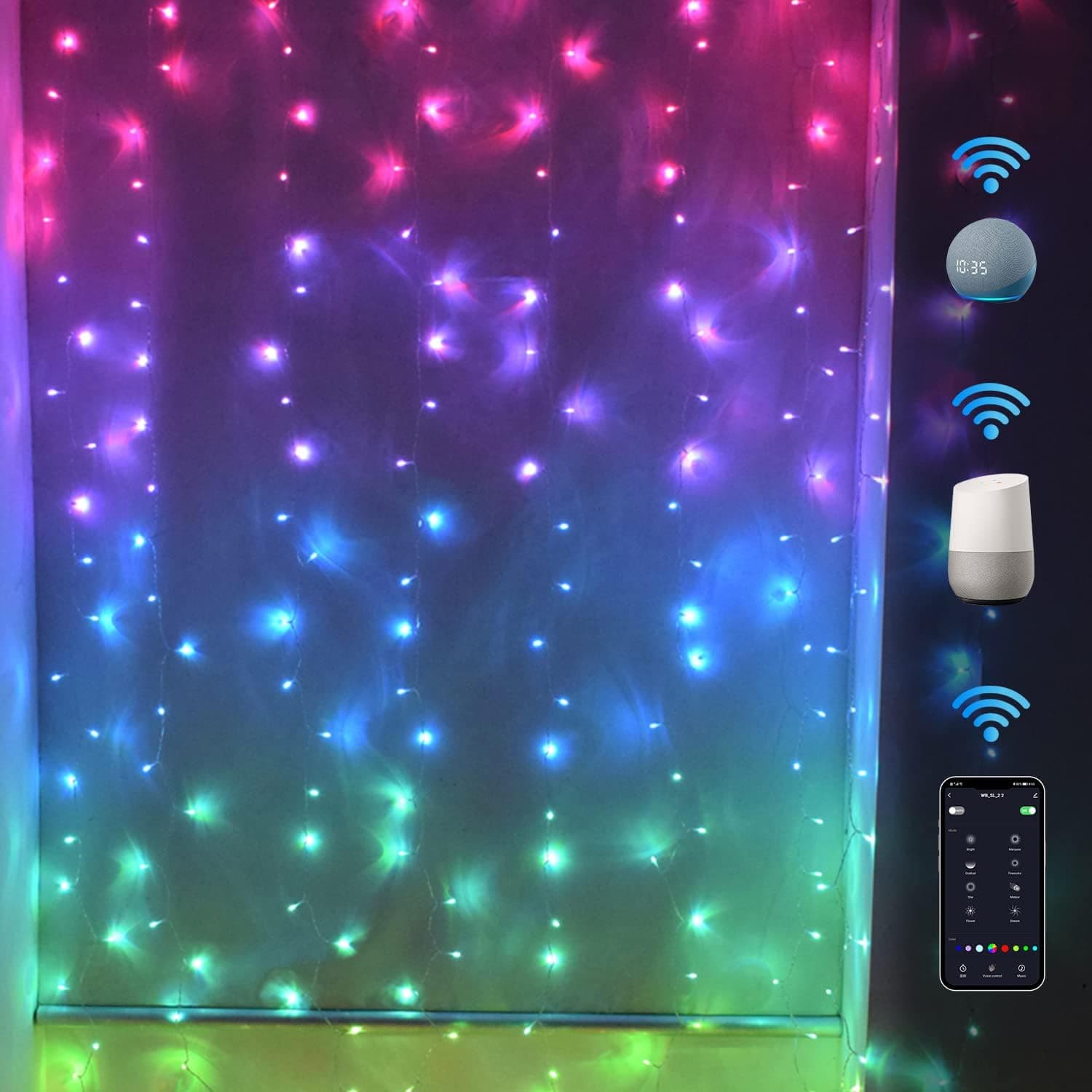 LED Curtain Lights WiFi Smart Twinkle String Window Lights Work with Echo Alexa Google Assistant,Remote APP Timer Rainbow RGB Color Changing Fairy Lights for Holiday, Bedroom Decor 9.8x9.8 FT(SCL)