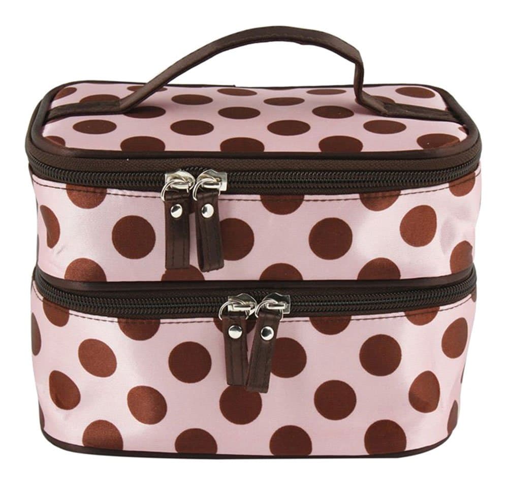 BONAMART Double Layer Cosmetic Bag Pink with Coffee Dot Travel Toiletry Cosmetic Makeup Bag Organizer With Mirror