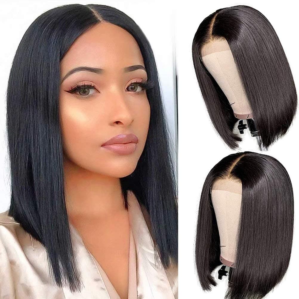 14Inch Short Bob Wigs Human Hair 4X4 Lace Closure Wigs Brazilian Virgin Human Hair Straight Bob lace Front Wigs For Black Women Pre Plucked with Baby Hair Natural Black 150% Density