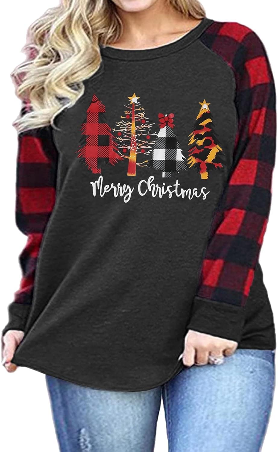 Christmas Plus Size Shirts Women Merry Christmas Tree Sweatshirt Merry Christmas Plaid Leopard Tree Baseball T-Shirt