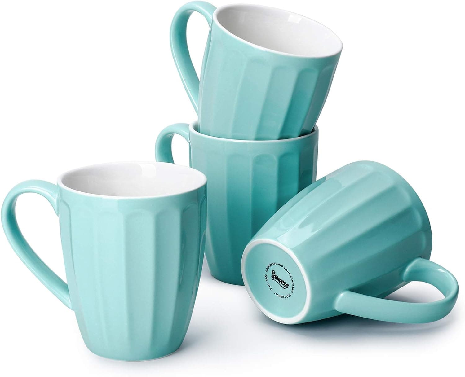Sweese 602.102 Porcelain Fluted Mugs - 14 Ounce Coffee Cup Set for Coffee, Tea, Cocoa, Set of 4, Turquoise
