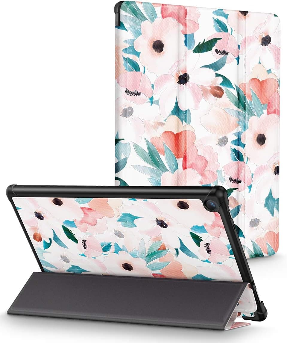 GVIEWIN Case for Amazon Fire HD 10 Tablet 10.1", Folio 3D Painting PU Leather Smart Cover with Auto Sleep Wake, Magnetic Closure (7th/ 5th, 2017 2015 Release), Flowers/Light Pink